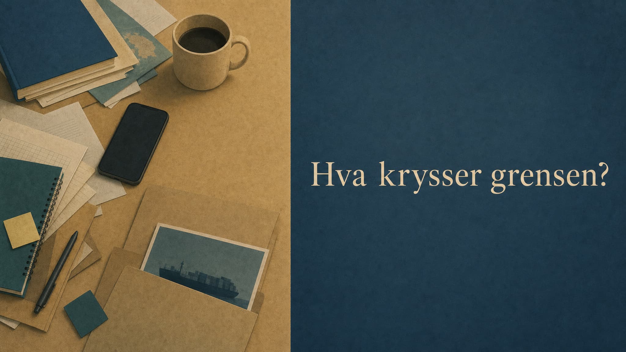 Editorial illustration, wide 16:9 banner composition. A calm, flat composition split by a clean vertical seam down the middle: on the left a warm, cluttered desk surface rendered flat and matte, on the right an empty, cool, pristine surface. Nothing crosses the seam. In the open space on the right, elegant serif text in warm cream reads exactly, with correct Norwegian spelling including the letters ø and å: "Hva krysser grensen?" set in a classic editorial serif typeface, with generous letter spacing. No other text anywhere in the image. Mood: quiet, technical, editorial. Palette: deep slate blue, warm sand, muted teal, warm cream. Flat editorial illustration with subtle paper grain texture, restrained detail and no fine line work, generous negative space. Magazine opinion-section feel like The Economist or New York Times opinion illustrations.
