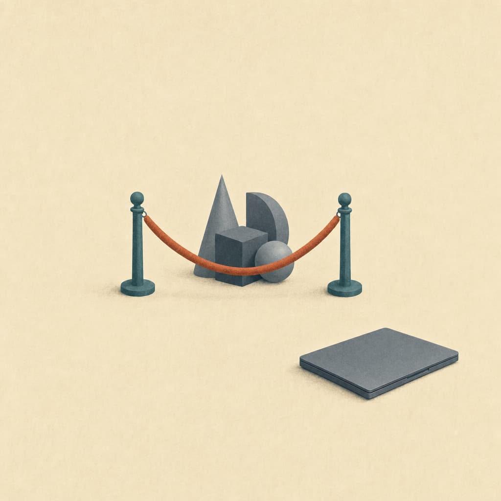 Editorial illustration. A short, elegant velvet rope cordon on two small posts encloses a tight cluster of a few abstract geometric shapes at the center of the frame. Clearly outside the cordon, at a comfortable distance, sits a single closed laptop, calm and unbothered. Mood: a small, well-defined enclosure; everything else stands outside it. Cordon and posts in muted teal, enclosed shapes in soft slate, one rust accent on the rope, laptop in soft slate, warm cream background. Flat editorial illustration with subtle paper grain texture, restrained detail and no fine line work, a single central concept, symbolic rather than literal, with generous negative space. No labels, no text inside the image. Magazine opinion-section feel like The Economist or New York Times opinion illustrations.