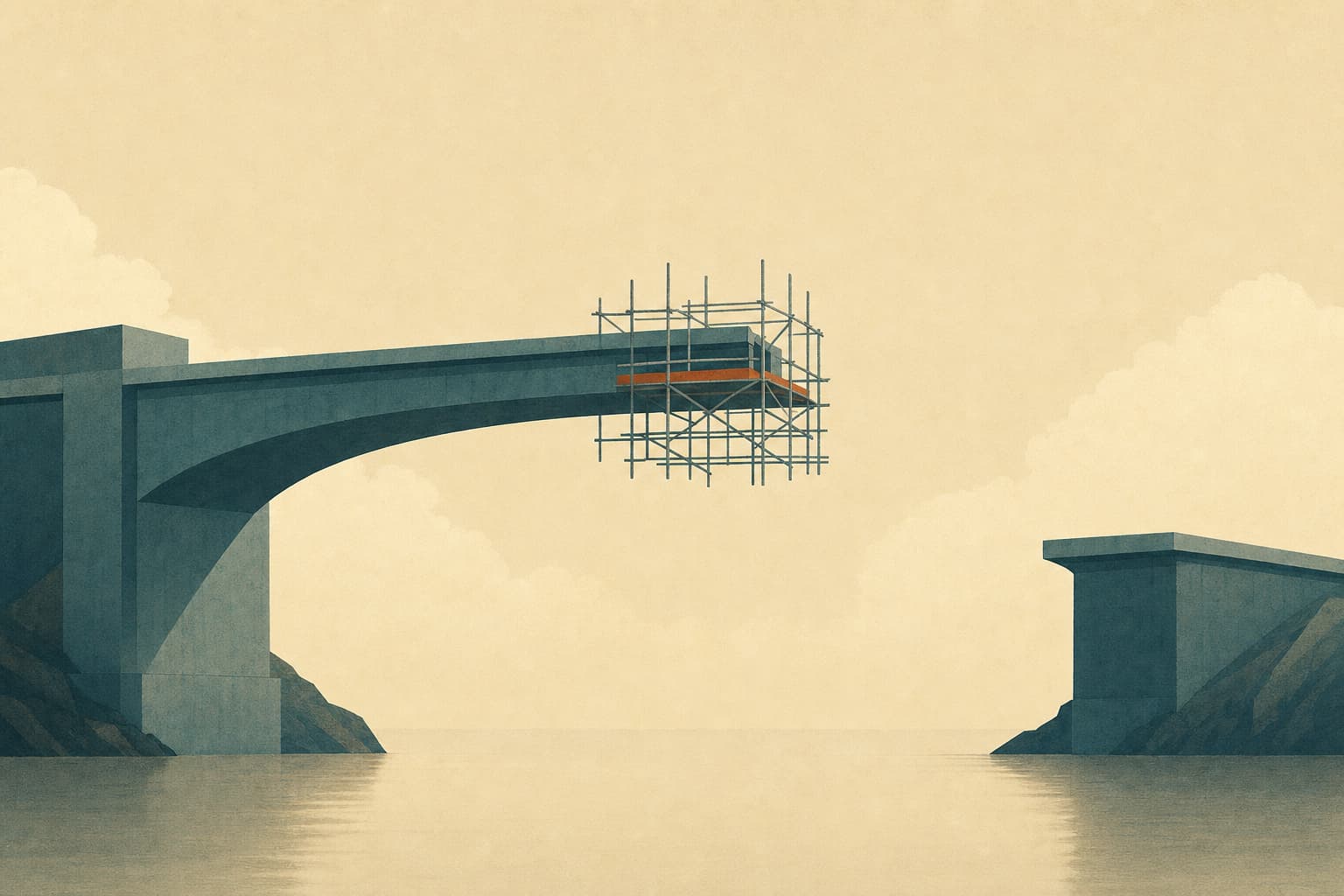 Editorial illustration, wide composition. Two solid piers face each other across a calm, narrow strait of water, one large pier on the left and one smaller pier on the right. A clean bridge extends from the large pier toward the smaller one but stops partway across the water, its unfinished end wrapped in neat, orderly scaffolding. The water is still. Mood: a connection underway but not yet complete, patient. Piers and bridge in muted teal, scaffolding in soft slate with a single rust accent, water and sky in warm cream tones. Flat editorial illustration with subtle paper grain texture, restrained detail and no fine line work, a single central concept, symbolic rather than literal, with generous negative space. No labels, no text, no flags inside the image. Wide 16:9 composition, magazine opinion-section feel like The Economist or New York Times opinion illustrations.