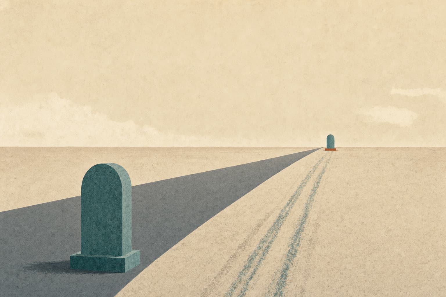 Editorial illustration, wide composition. A long straight road recedes toward a calm horizon across a flat landscape. In the foreground a simple stone milestone marker stands beside the road. Much further down the same road stands a second, identical milestone, freshly planted, with faint drag marks in the ground between the two showing it was recently moved from the near position to the far one. No people. Mood: postponement, recalibration, calm. Road in soft slate, milestones in muted teal, a single rust accent on the far milestone, warm cream background and sky. Flat editorial illustration with subtle paper grain texture, restrained detail and no fine line work, a single central concept, symbolic rather than literal, with generous negative space. No labels, no text, no numbers inside the image. Wide 16:9 composition, magazine opinion-section feel like The Economist or New York Times opinion illustrations.