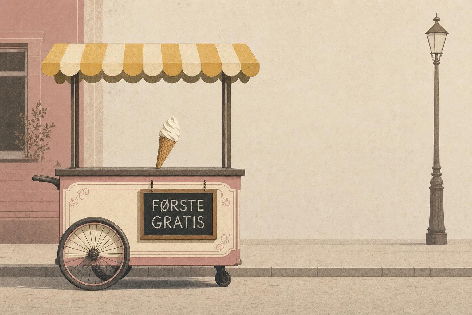 Et iskremstativ med skiltet "FØRSTE GRATIS"