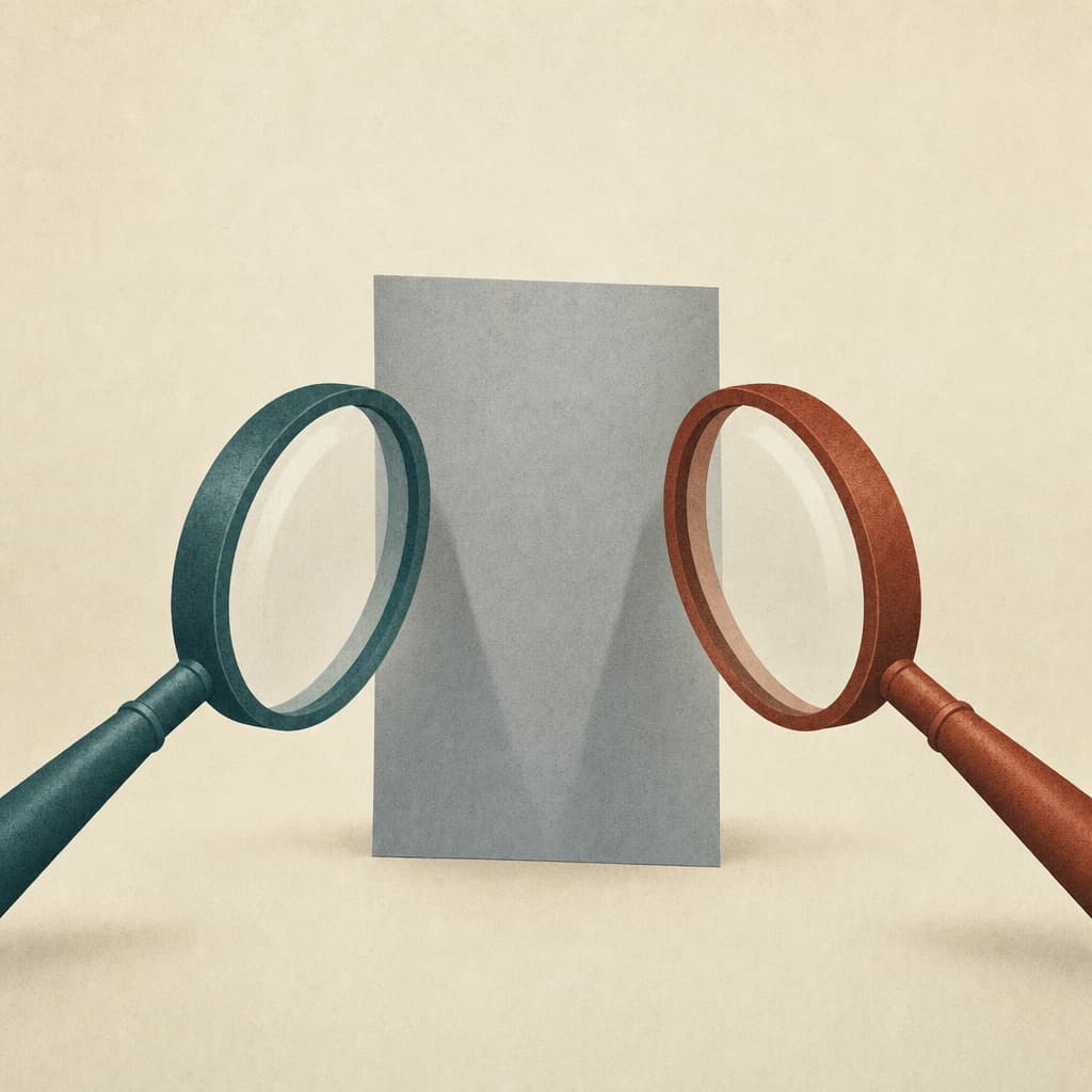 Editorial illustration, symmetric composition. A single sheet of paper stands upright at the exact center of the frame. Two identical magnifying glasses approach it from opposite sides, left and right, each examining the same sheet from its own angle, mirror images of each other but in two different colours to suggest different origins. Mood: rigorous scrutiny, balanced tension. One magnifying glass muted teal, the other rust; the paper soft slate-grey on a warm cream background. Flat editorial illustration with subtle paper grain texture, restrained detail and no fine line work, a single central concept, symbolic rather than literal, with generous negative space. No labels, no text on the paper. Magazine opinion-section feel like The Economist or New York Times opinion illustrations.