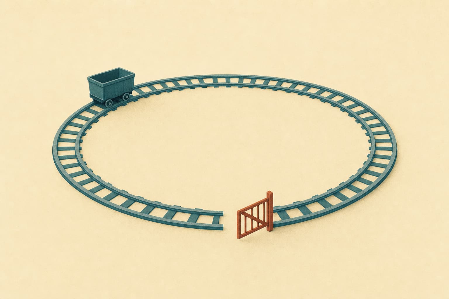 Editorial illustration, wide composition. A single continuous looping rail, like a closed toy-train track, forms one clean even oval on a flat surface. One small simple cart sits on the track, aligned along the rail. At one point the loop has a small open gate where the track could exit outward into open space. Nothing else: no fence, no enclosure, no surrounding rails, no other objects. Mood: controlled, patient momentum within bounds. Track and cart in muted teal, one rust accent on the gate, warm cream background. Flat editorial illustration with subtle paper grain texture, restrained detail and no fine line work, a single central concept, symbolic rather than literal, with generous negative space. No labels, no text, no numbers inside the image. Wide 16:9 composition, magazine opinion-section feel like The Economist or New York Times opinion illustrations.