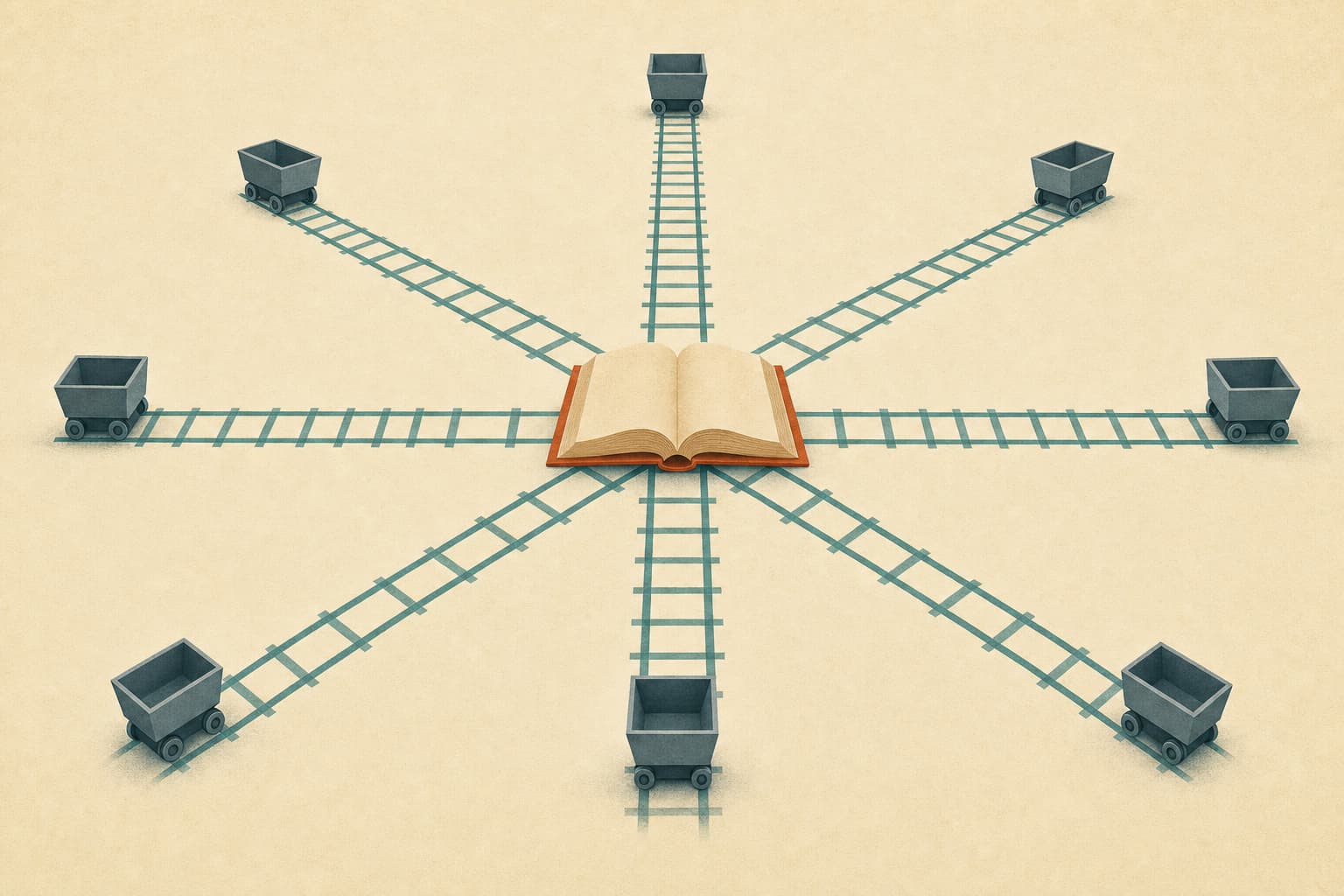 Editorial illustration, wide composition. A single open book lies flat at the center of the frame. From it several clean parallel rails radiate straight outward in different directions across the surface. At the end of each rail sits one small simple cart, and each cart is oriented along its own rail, pointing outward away from the book, so every cart runs in line with the direction of its track; no cart sits sideways or perpendicular to its rail. Balanced and radial, emphasizing one shared origin feeding many. Mood: collective, a shared foundation. Rails in muted teal, carts in soft slate, one rust accent on the central book, warm cream background. Flat editorial illustration with subtle paper grain texture, restrained detail and no fine line work, symbolic rather than literal, with generous negative space. No labels, no text inside the image. Wide 16:9 composition, magazine opinion-section feel like The Economist or New York Times opinion illustrations.