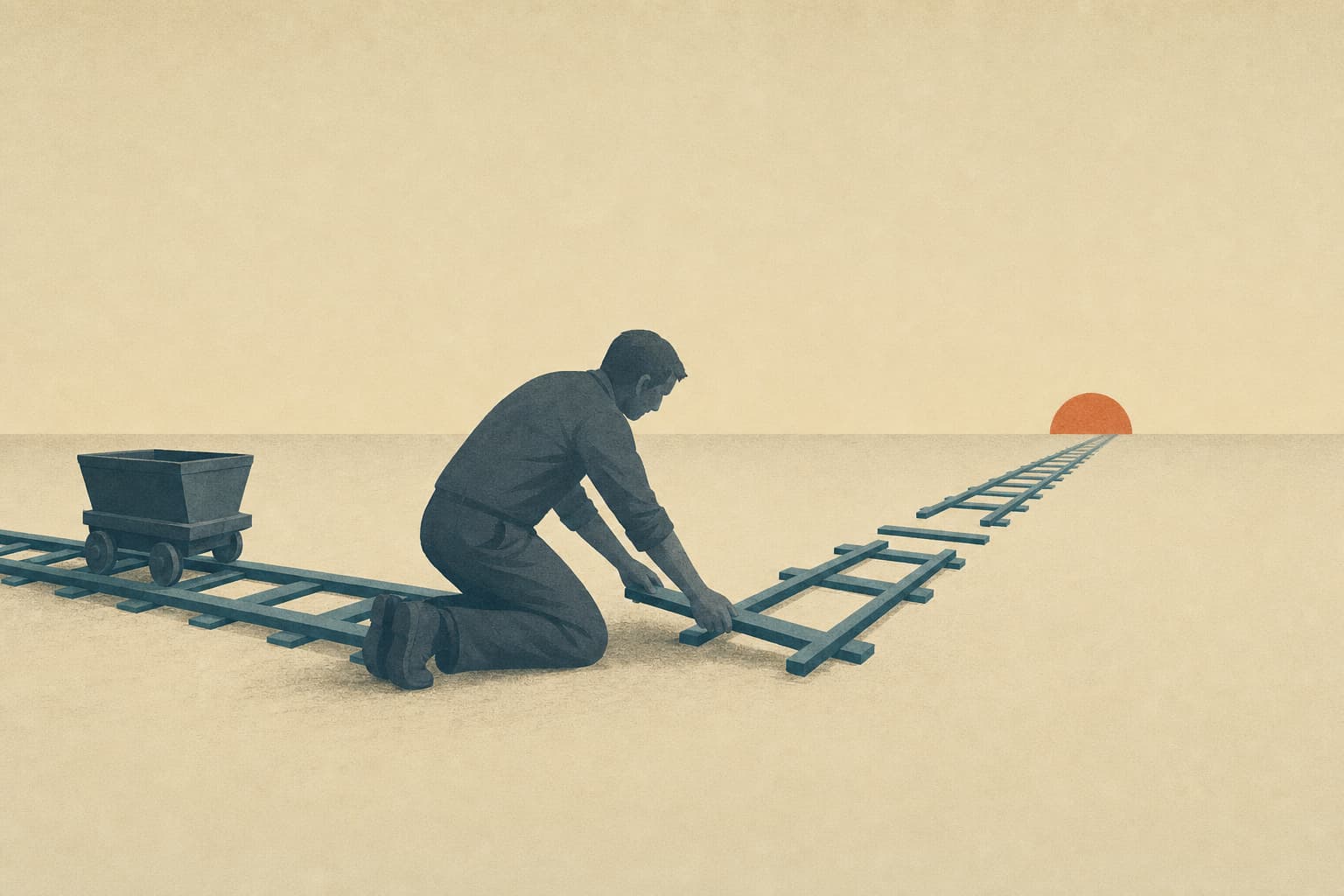 Editorial illustration, wide side-on composition. A single human figure in muted slate kneels in the foreground, laying and extending a clean railway track that stretches ahead toward a calm horizon. The track is already built behind the figure, where one small simple cart waits on the laid rails; it continues unbuilt ahead as the figure places the next section. Mood: calm, purposeful, building the way forward. Track in muted teal, the figure in soft slate, a single rust accent at the horizon as a low sun, warm cream background and sky. Flat editorial illustration with subtle paper grain texture, restrained detail and no fine line work, a single central concept, symbolic rather than literal, with generous negative space. No labels, no text, no signage inside the image. Wide 16:9 composition, magazine opinion-section feel like The Economist or New York Times opinion illustrations.