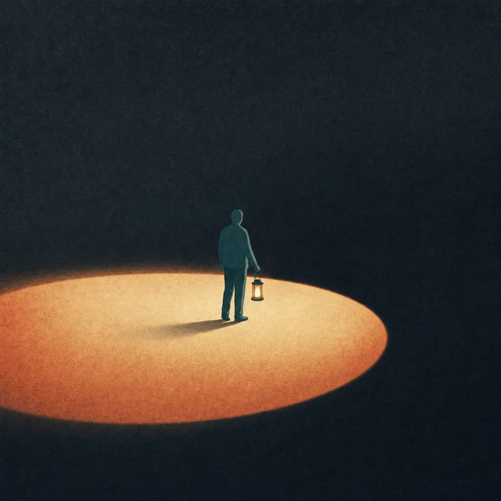Editorial illustration. A single small figure rendered in muted teal stands at the center holding a lantern that casts a soft circular pool of warm light on the ground around them. Inside the circle everything is crisp and visible; right at the edge the light fades abruptly into flat darkness. The figure faces the boundary where the light stops, about to step toward it. Mood: contemplative, a quiet limit. Inside the light warm cream and a soft rust glow; beyond the edge deep muted slate. Flat editorial illustration with subtle paper grain texture, restrained detail and no fine line work, a single central concept, symbolic rather than literal, with generous negative space. No labels, no text, no other objects inside the image. Magazine opinion-section feel like The Economist or New York Times opinion illustrations.