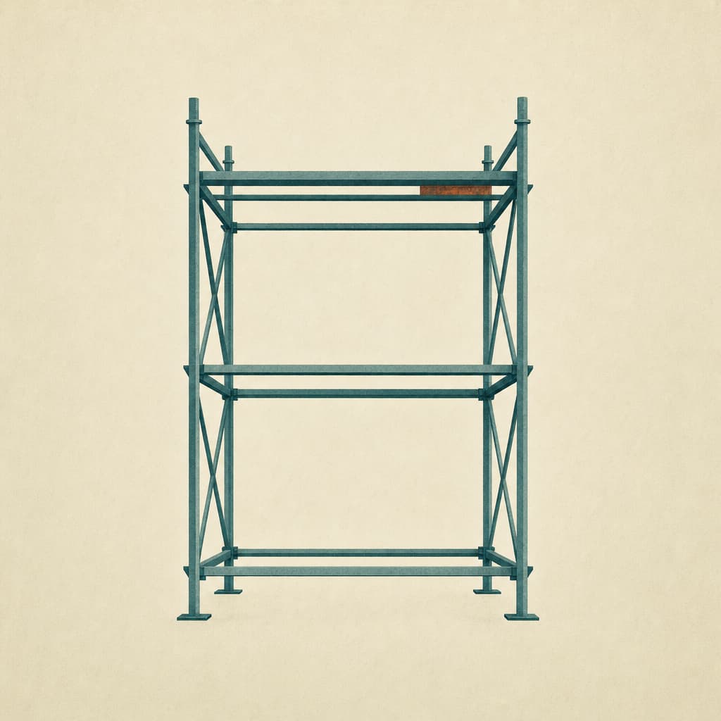 Editorial illustration. A single sturdy, orderly scaffold frame stands alone at the center, clean, geometric and structural, and completely empty inside. No figure, no person, no desk, no objects inside or around it. Mood: orderly, solid, a structure standing ready. The scaffold in muted teal with one small rust accent, on a warm cream background. Flat editorial illustration with subtle paper grain texture, restrained detail and no fine line work, a single central concept, symbolic rather than literal, with generous negative space. No labels, no text inside the image. Magazine opinion-section feel like The Economist or New York Times opinion illustrations.
