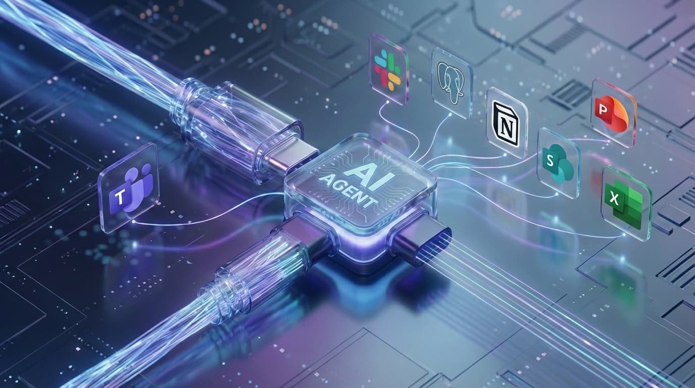 En AI-agent-brikke koblet med USB-C-kabler til Slack, PostgreSQL, Notion, Teams og Office-verktøy