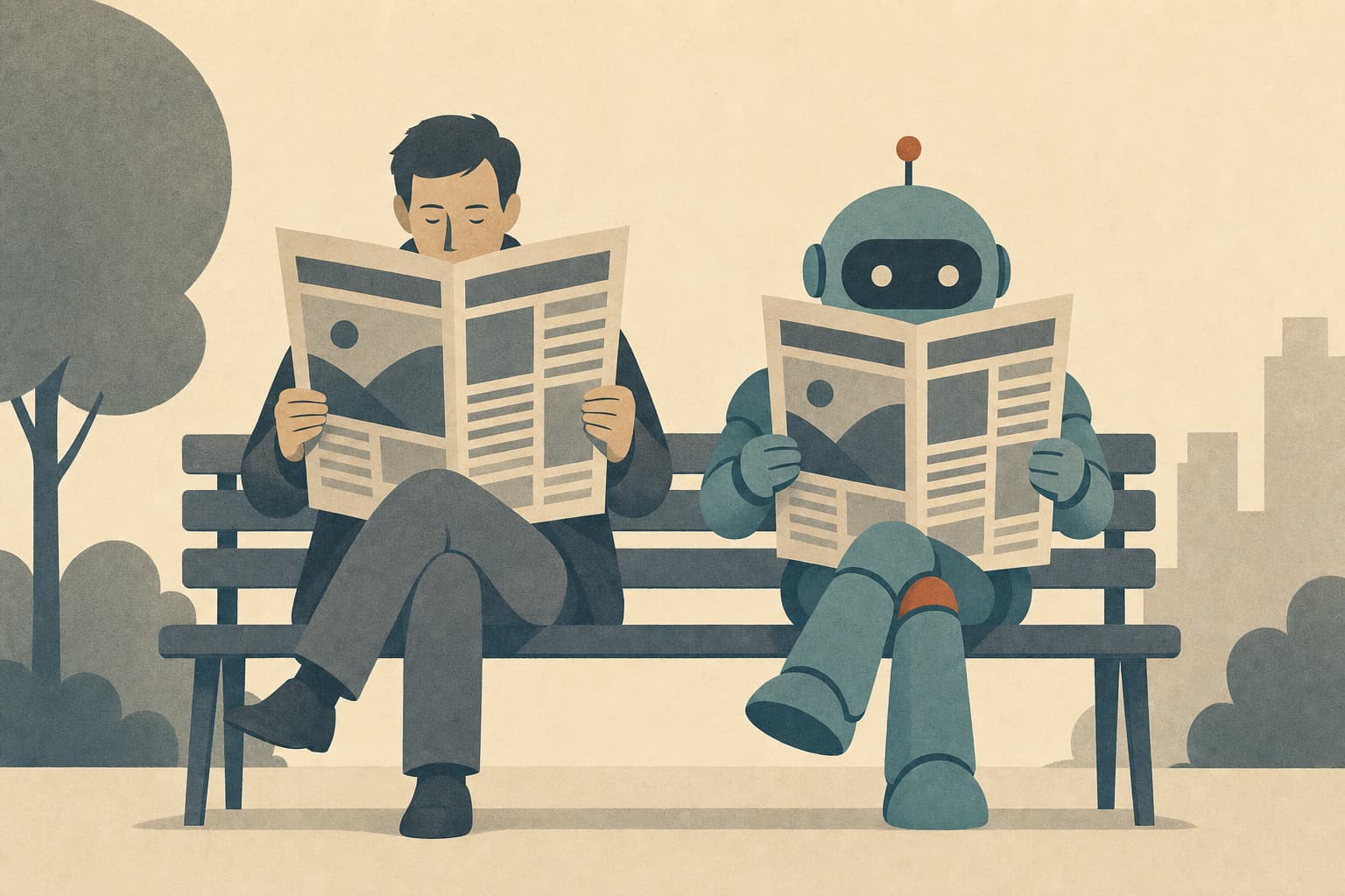 Editorial illustration, wide 16:9 banner composition. A person and a small friendly rounded robot sit side by side on a simple park bench, each absorbed in reading an identical large broadsheet newspaper, the two front pages clearly showing the same abstract layout of headline bars and image blocks. Their postures mirror each other. Mood: calm coexistence, two very different readers of the same content. Person and bench in soft slate, robot in muted teal with a single rust accent, newspapers in warm cream with slate detail, warm cream background. Flat editorial illustration with subtle paper grain texture, restrained detail and no fine line work, generous negative space. No text, no letters, no words inside the image. Magazine opinion-section feel like The Economist or New York Times opinion illustrations.