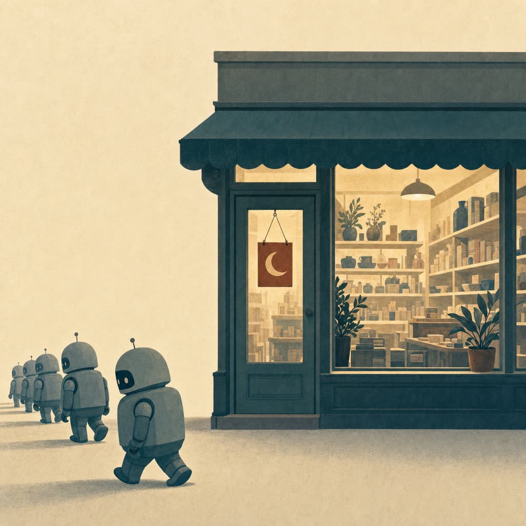 Editorial illustration. A cozy small shop seen from the street at dusk, warm light glowing from its windows, shelves inside fully stocked and inviting, the interior clearly open for business. On the glass front door hangs a single small hanging sign showing only a crescent moon symbol, universally read as closed. Outside, a short polite line of small rounded robots is turning around and walking away from the shop. Mood: quiet irony, a well-stocked shop accidentally turning everyone away. Shop in muted teal and soft slate, warm light in cream, one rust accent on the hanging sign, warm cream background. Flat editorial illustration with subtle paper grain texture, restrained detail and no fine line work, a single central concept, symbolic rather than literal, with generous negative space. No text, no letters inside the image. Magazine opinion-section feel like The Economist or New York Times opinion illustrations.