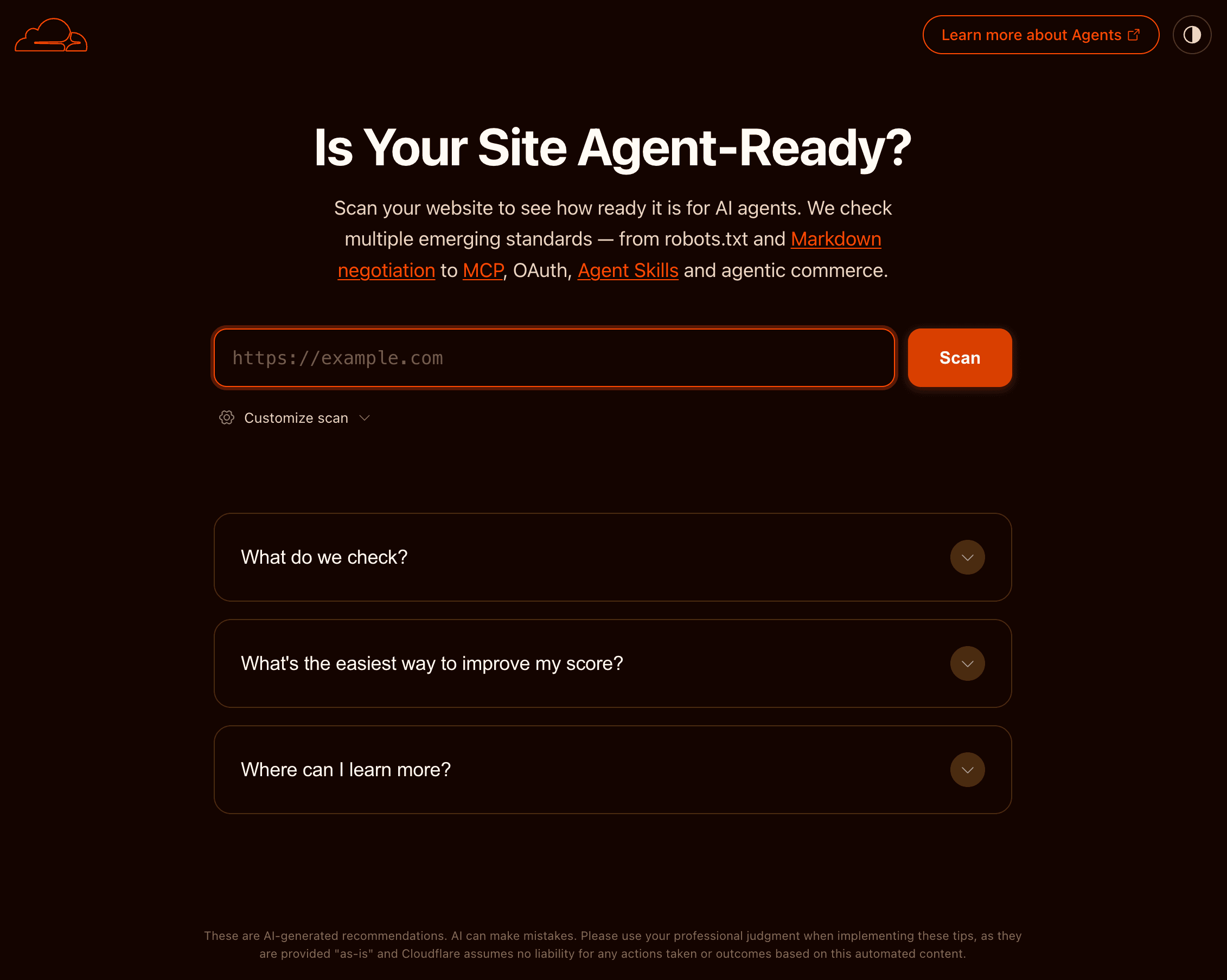 Skjermbilde av forsiden til isitagentready.com: overskriften «Is Your Site Agent-Ready?», et URL-felt med en Scan-knapp, og utvidbare spørsmål som «What do we check?»
