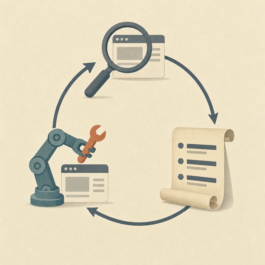 Editorial illustration, circular composition. Three stations arranged evenly around a ring, connected by one smooth continuous circular arrow path flowing clockwise: first a large magnifying glass hovering over a small abstract website window, second a paper scroll unrolled to show an abstract checklist of bars, third a small friendly robot arm holding a wrench over the same small website window. The circle reads as a self-sustaining loop: inspect, instruct, repair, inspect again. Mood: elegant self-reference, a system that feeds itself. Magnifying glass in soft slate, scroll in warm cream with slate bars, robot arm in muted teal with a single rust accent on the wrench, warm cream background. Flat editorial illustration with subtle paper grain texture, restrained detail and no fine line work, a single central concept, generous negative space. No text, no letters inside the image. Magazine opinion-section feel like The Economist or New York Times opinion illustrations.