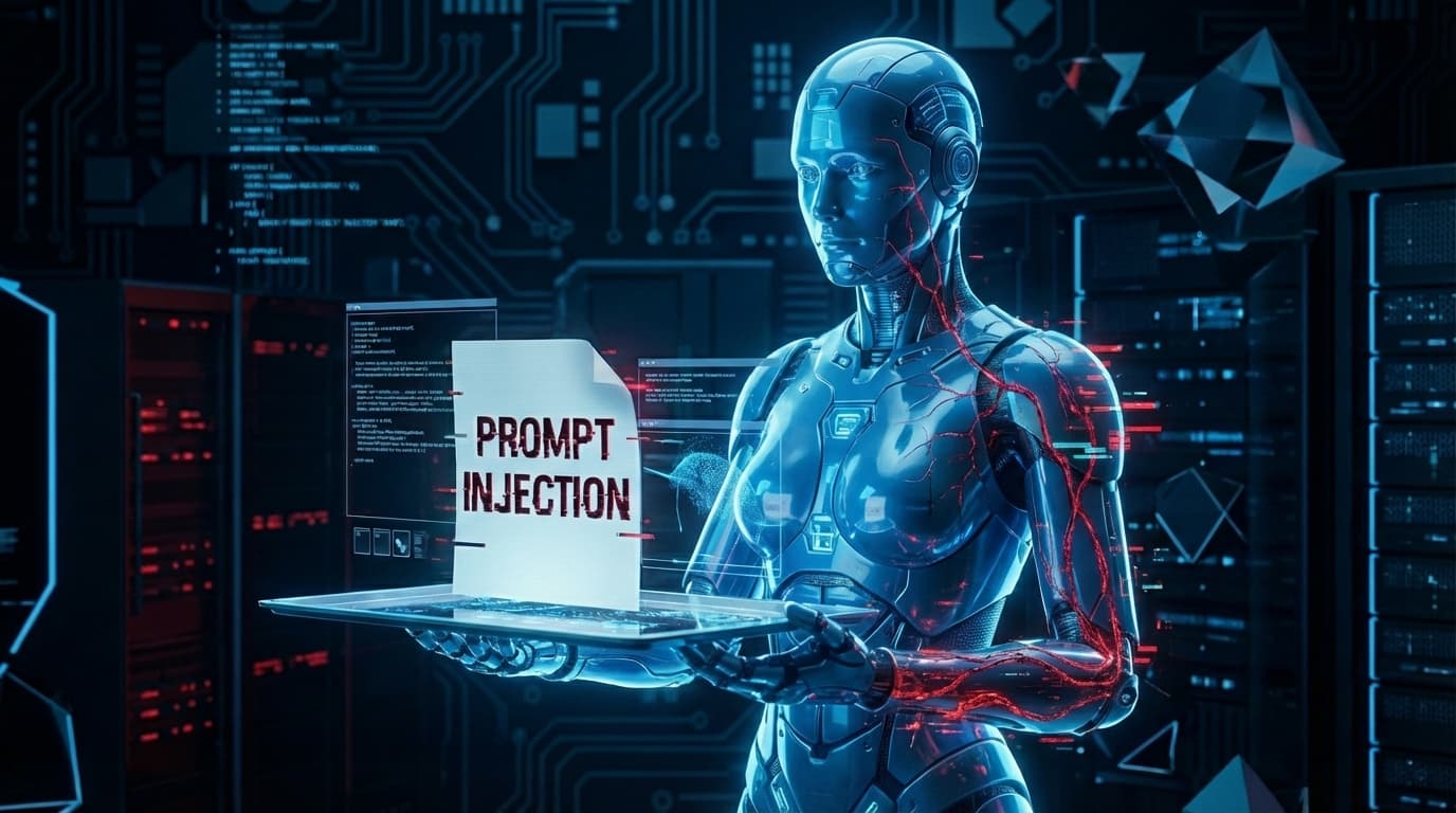 En AI-agent holder en laptop med teksten «Prompt Injection»