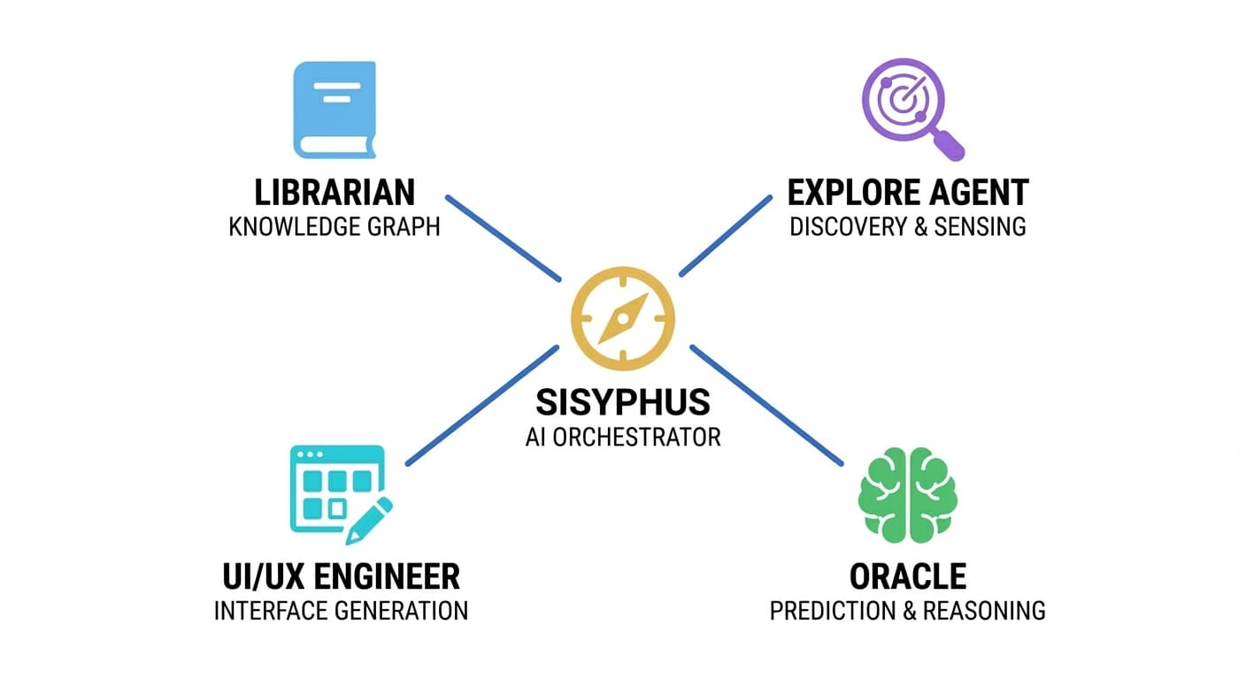 Sisyphus orkestrerer et team av spesialiserte agenter.